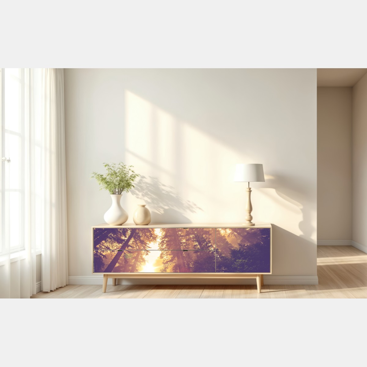 Naklejka repozycjonowalna mglisty las sekwojowy w złotych vintage tonacjach – Wallissimo® Naklejka repozycjonowalna mglisty las sekwojowy w złotych vintage tonacjach – Wallissimo®