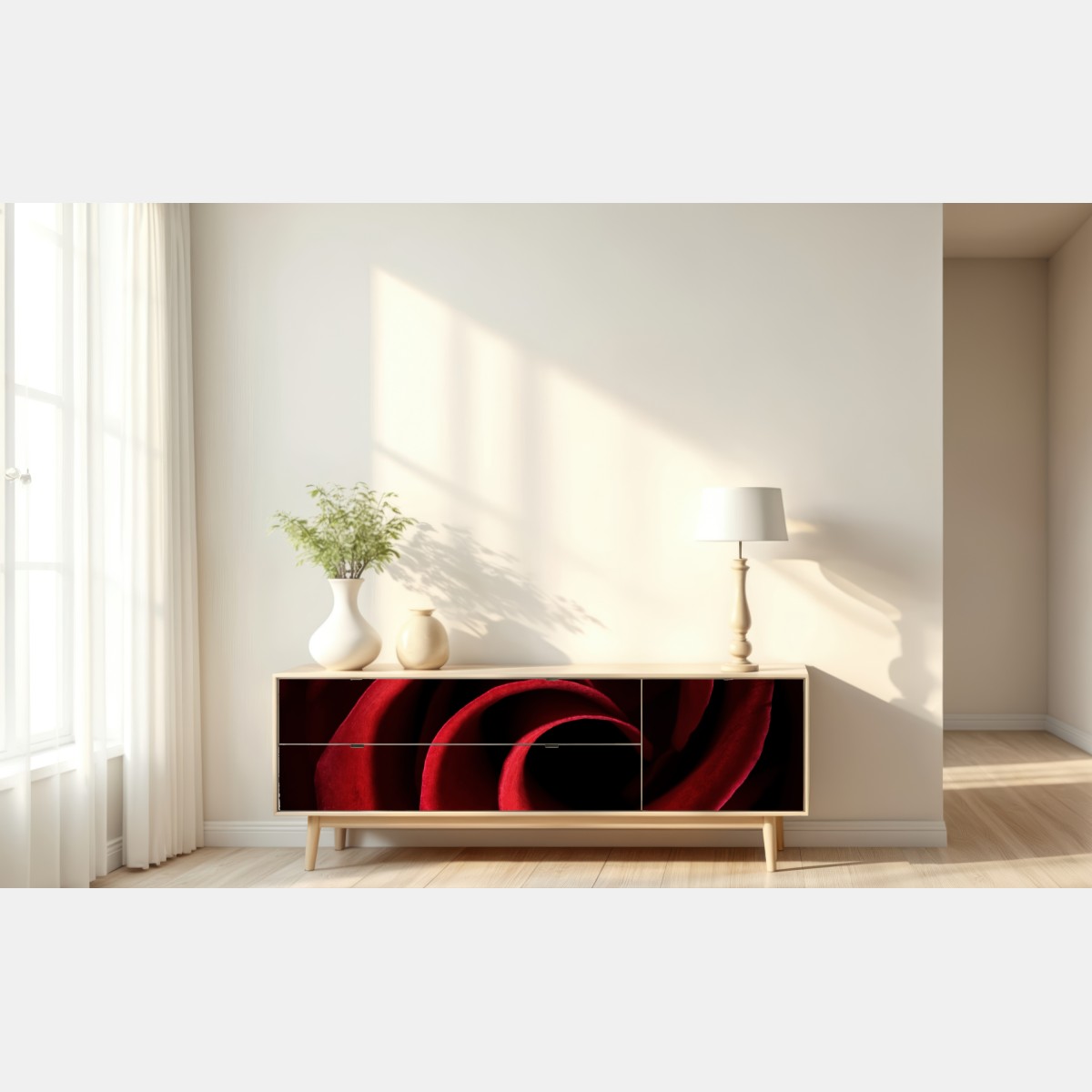 Naklejka repozycjonowalna spirala głębokich czerwonych płatków róży – Wallissimo® Naklejka repozycjonowalna spirala głębokich czerwonych płatków róży – Wallissimo®