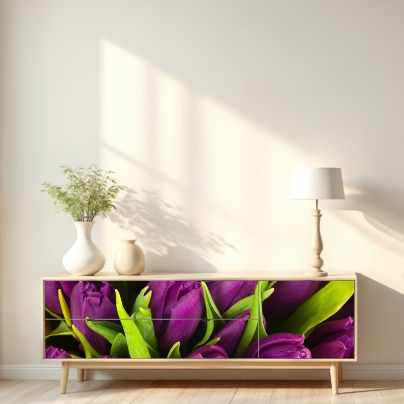 Naklejka repozycjonowalna fioletowy bukiet tulipanów – Wallissimo® Naklejka repozycjonowalna fioletowy bukiet tulipanów – Wallissimo®