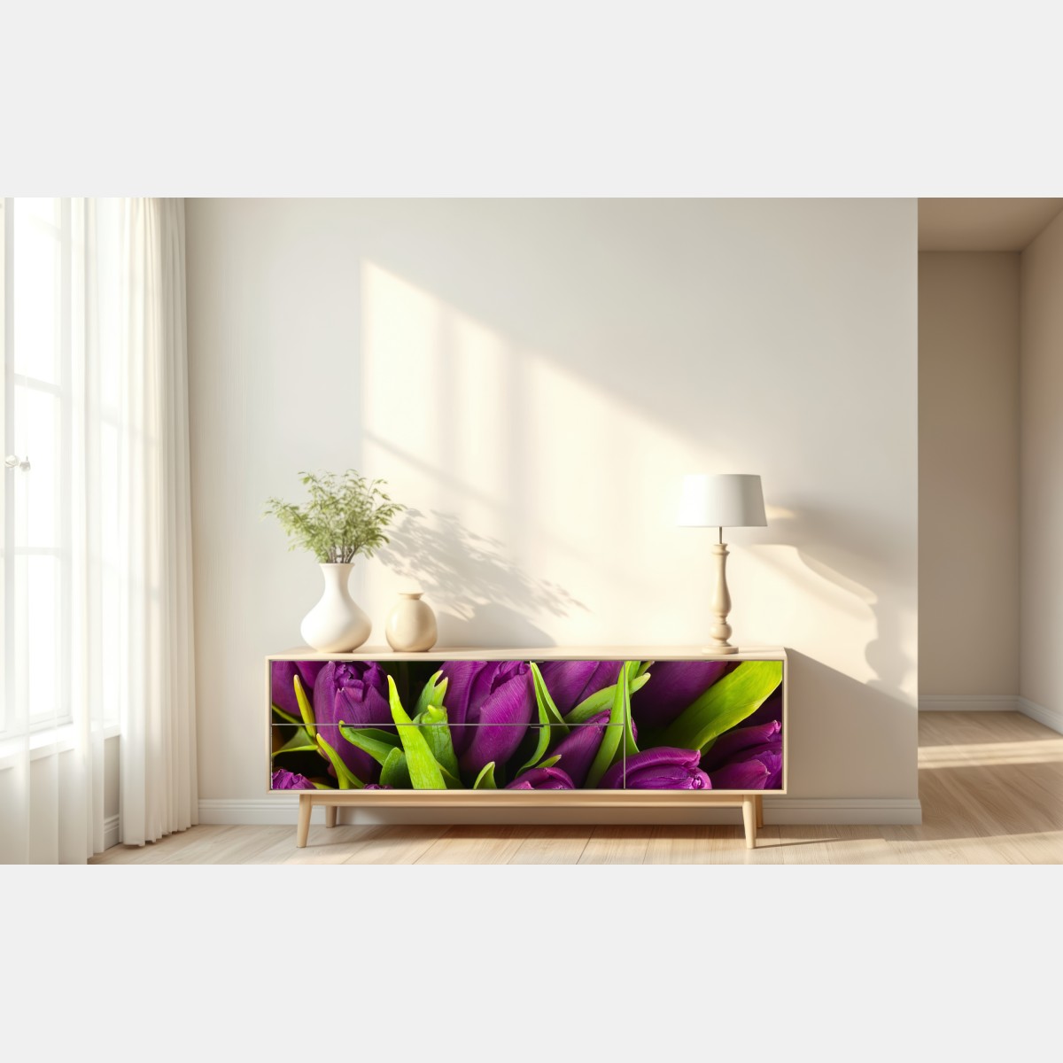 Naklejka repozycjonowalna fioletowy bukiet tulipanów – Wallissimo® Naklejka repozycjonowalna fioletowy bukiet tulipanów – Wallissimo®