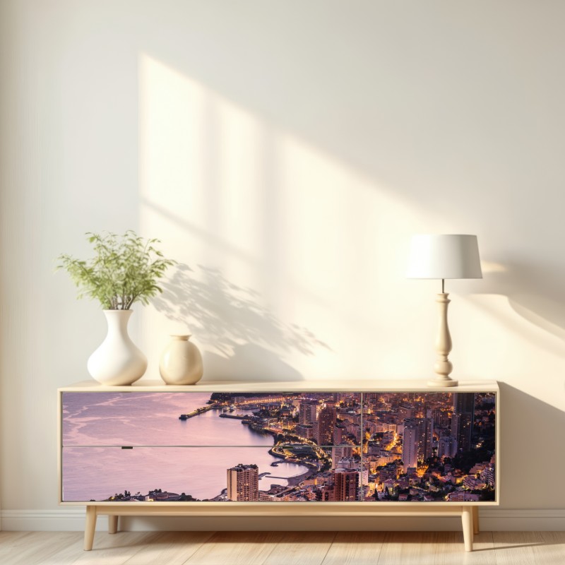 Naklejka repozycjonowalna zachód słońca nad miejskim wybrzeżem – Wallissimo® Naklejka repozycjonowalna zachód słońca nad miejskim wybrzeżem – Wallissimo®