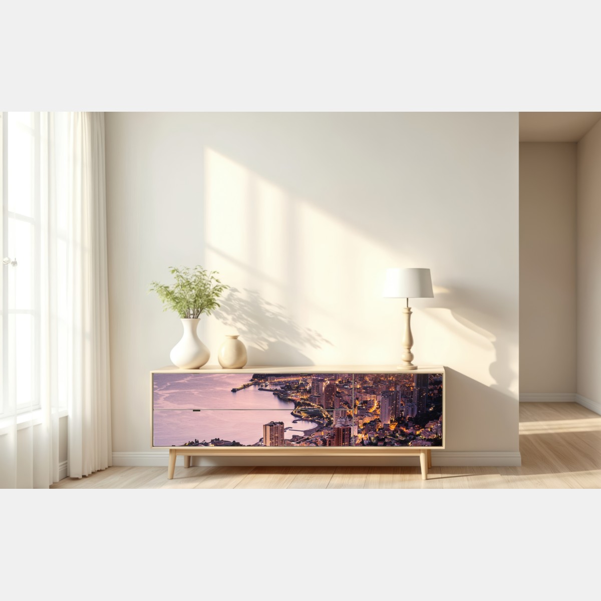 Naklejka repozycjonowalna zachód słońca nad miejskim wybrzeżem – Wallissimo® Naklejka repozycjonowalna zachód słońca nad miejskim wybrzeżem – Wallissimo®