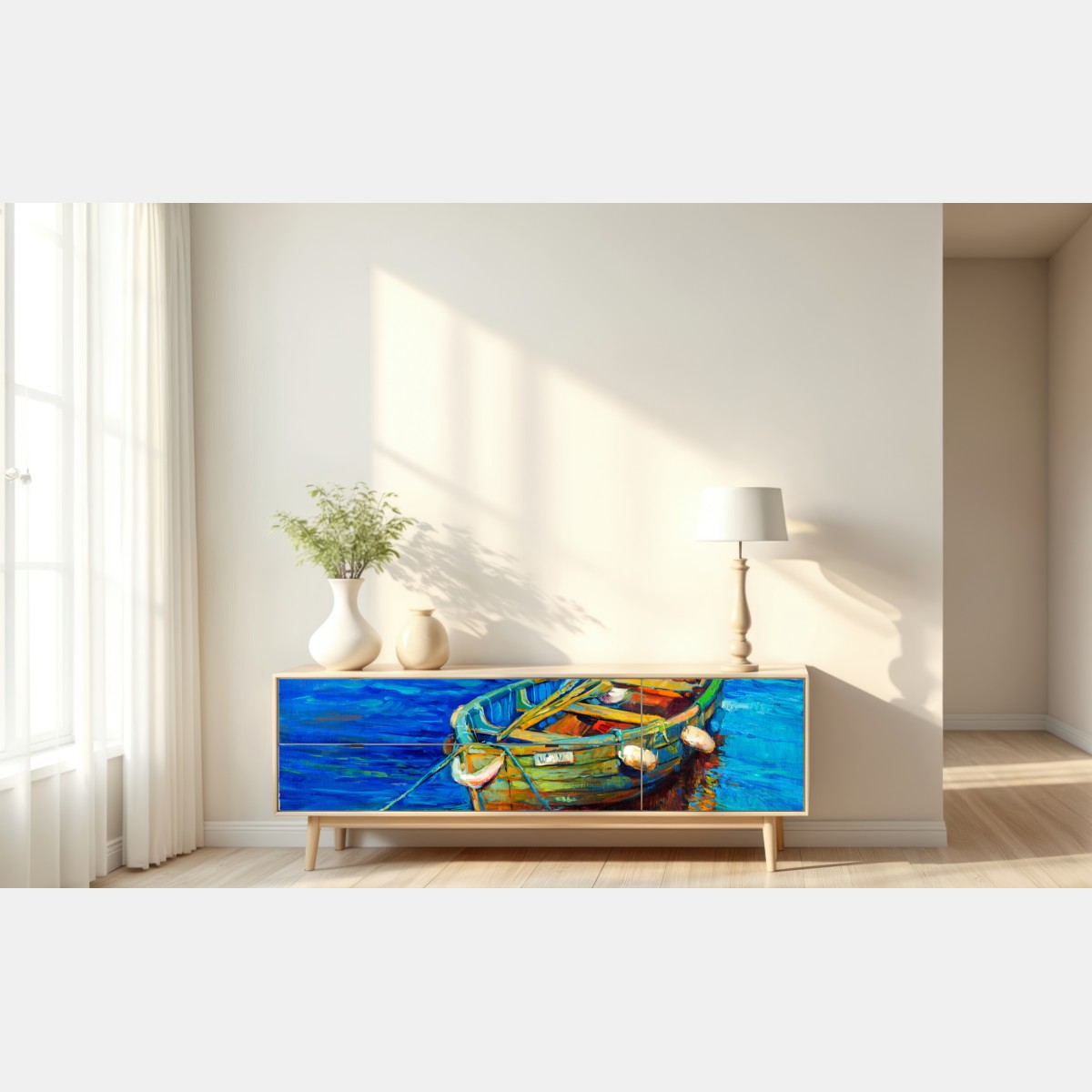 Naklejka repozycjonowalna łódź o zachodzie słońca – Wallissimo® Naklejka repozycjonowalna łódź o zachodzie słońca – Wallissimo®