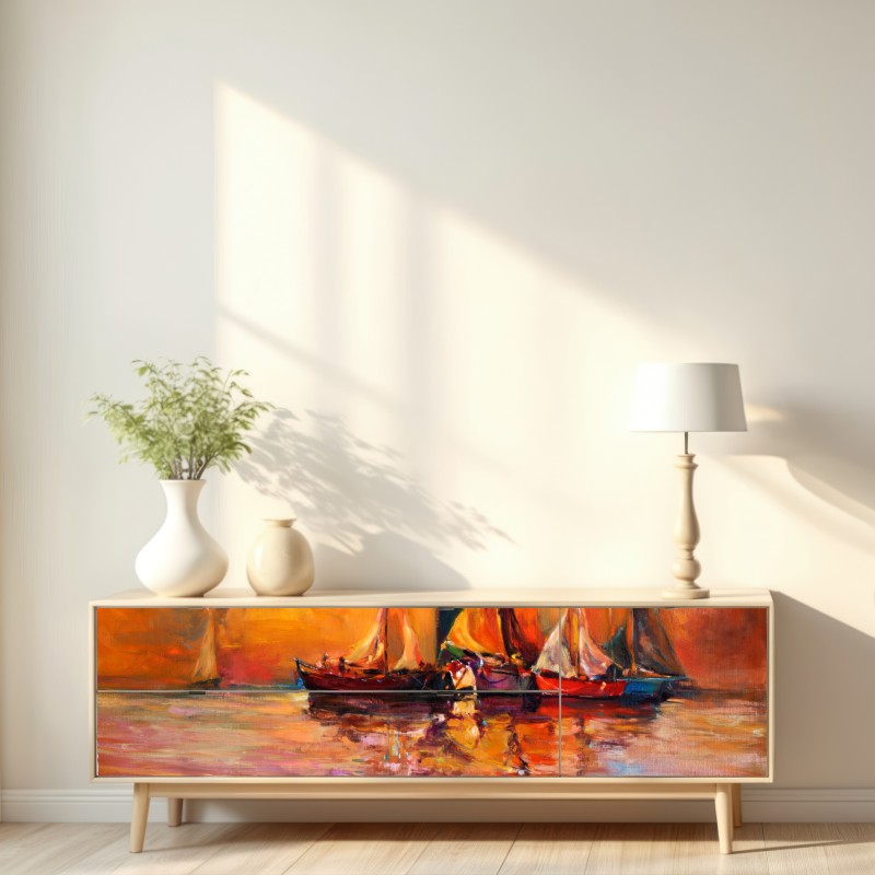 Naklejka repozycjonowalna złoty zachód słońca nad żaglówkami – Wallissimo® Naklejka repozycjonowalna złoty zachód słońca nad żaglówkami – Wallissimo®