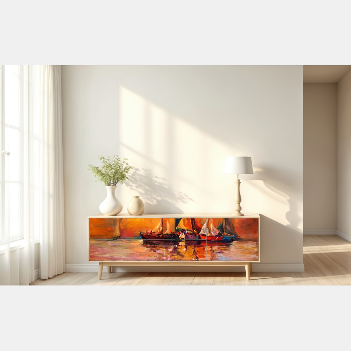 Naklejka repozycjonowalna złoty zachód słońca nad żaglówkami – Wallissimo® Naklejka repozycjonowalna złoty zachód słońca nad żaglówkami – Wallissimo®