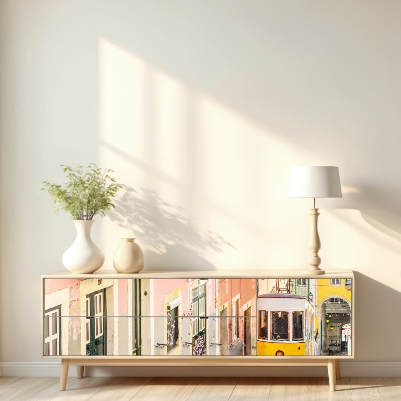 Naklejka repozycjonowalna słoneczny tramwaj na pastelowej ulicy w Lizbonie – Wallissimo® Naklejka repozycjonowalna słoneczny tramwaj na pastelowej ulicy w Lizbonie – Wallissimo®