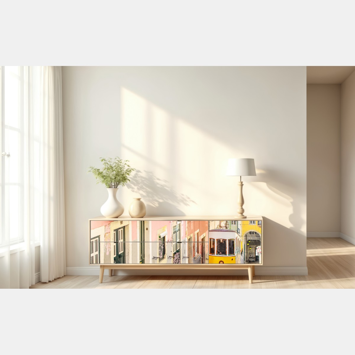Naklejka repozycjonowalna słoneczny tramwaj na pastelowej ulicy w Lizbonie – Wallissimo® Naklejka repozycjonowalna słoneczny tramwaj na pastelowej ulicy w Lizbonie – Wallissimo®