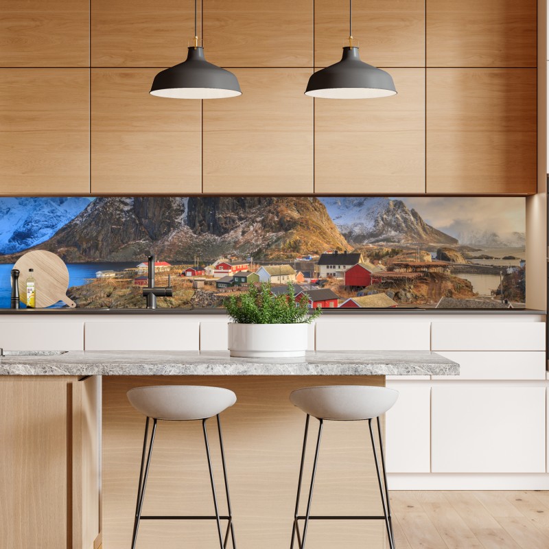 Naklejka repozycjonowalna wioska nadbrzeżna w Norwegii z czerwonymi domkami