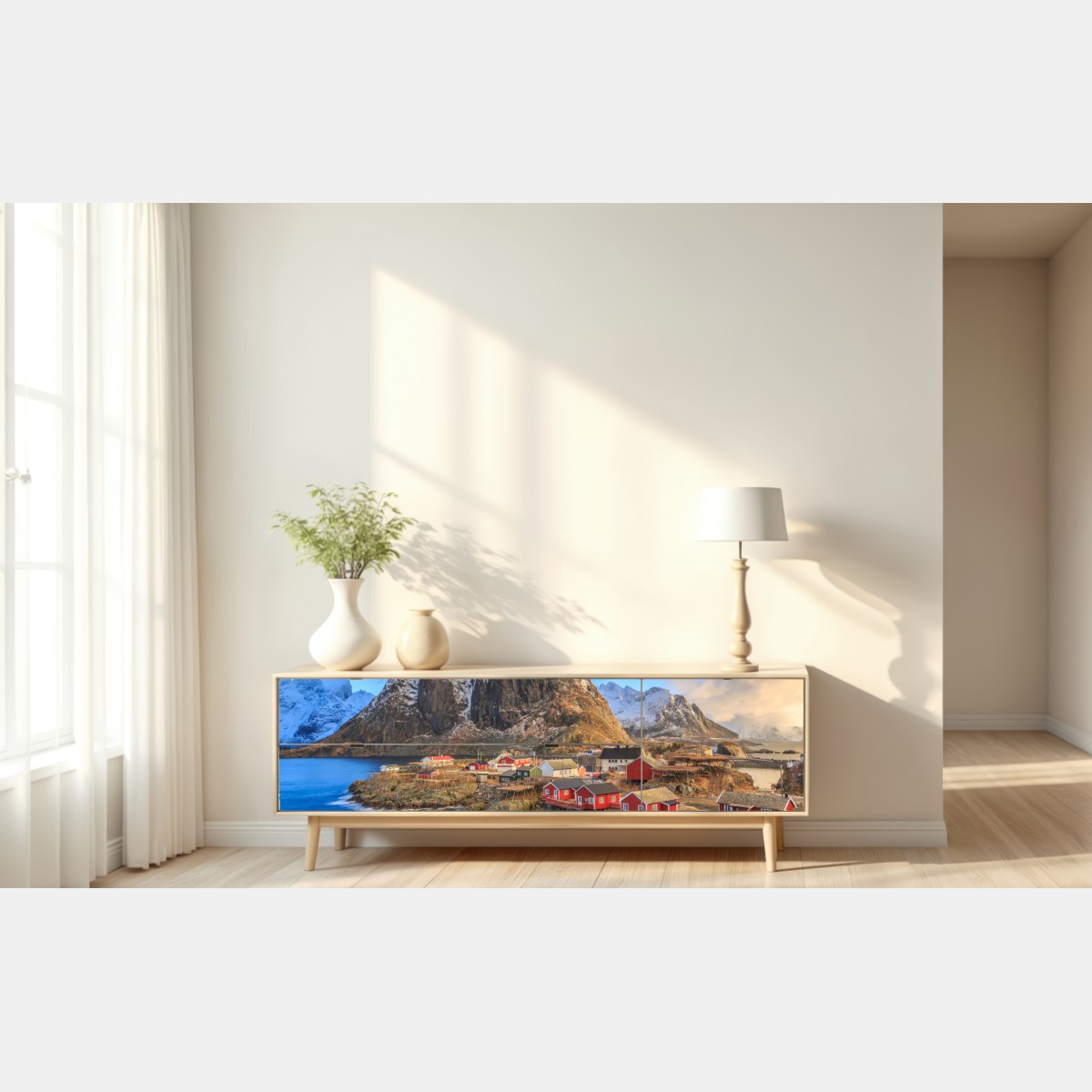 Naklejka repozycjonowalna wioska nadbrzeżna w Norwegii z czerwonymi domkami – Wallissimo® Naklejka repozycjonowalna wioska nadbrzeżna w Norwegii z czerwonymi domkami – Wallissimo®