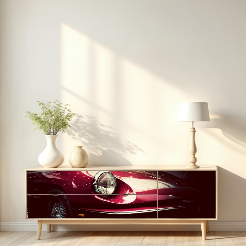 Naklejka repozycjonowalna zbliżenie klasycznego czerwonego samochodu sportowego – Wallissimo® Naklejka repozycjonowalna zbliżenie klasycznego czerwonego samochodu sportowego – Wallissimo®