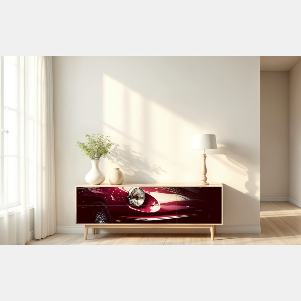 Naklejka repozycjonowalna zbliżenie klasycznego czerwonego samochodu sportowego – Wallissimo® Naklejka repozycjonowalna zbliżenie klasycznego czerwonego samochodu sportowego – Wallissimo®