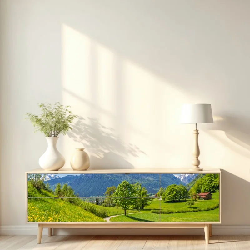 Naklejka repozycjonowalna alpejska wiosenna łąka z ośnieżonymi szczytami – Wallissimo® Naklejka repozycjonowalna alpejska wiosenna łąka z ośnieżonymi szczytami – Wallissimo®