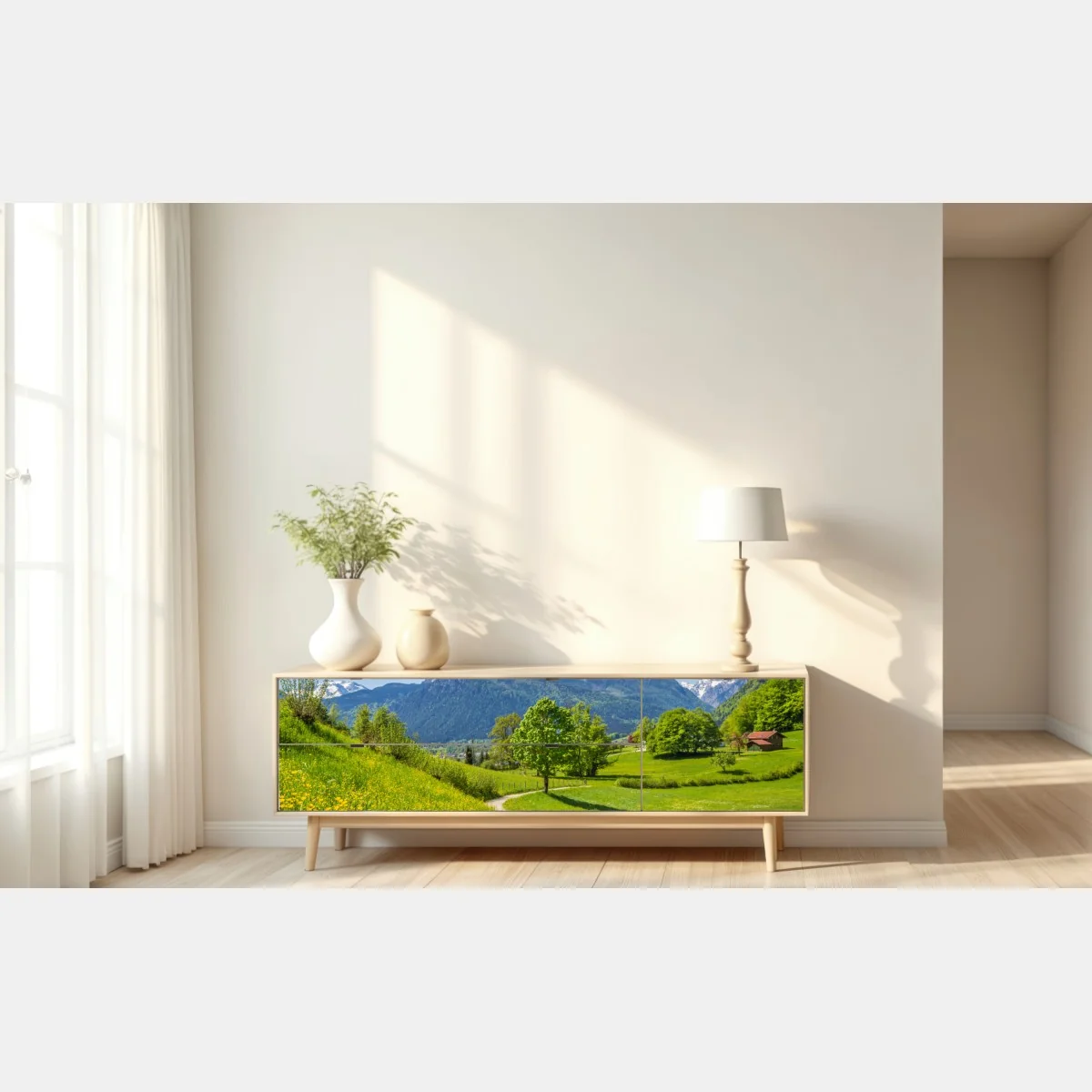 Naklejka repozycjonowalna alpejska wiosenna łąka z ośnieżonymi szczytami – Wallissimo® Naklejka repozycjonowalna alpejska wiosenna łąka z ośnieżonymi szczytami – Wallissimo®