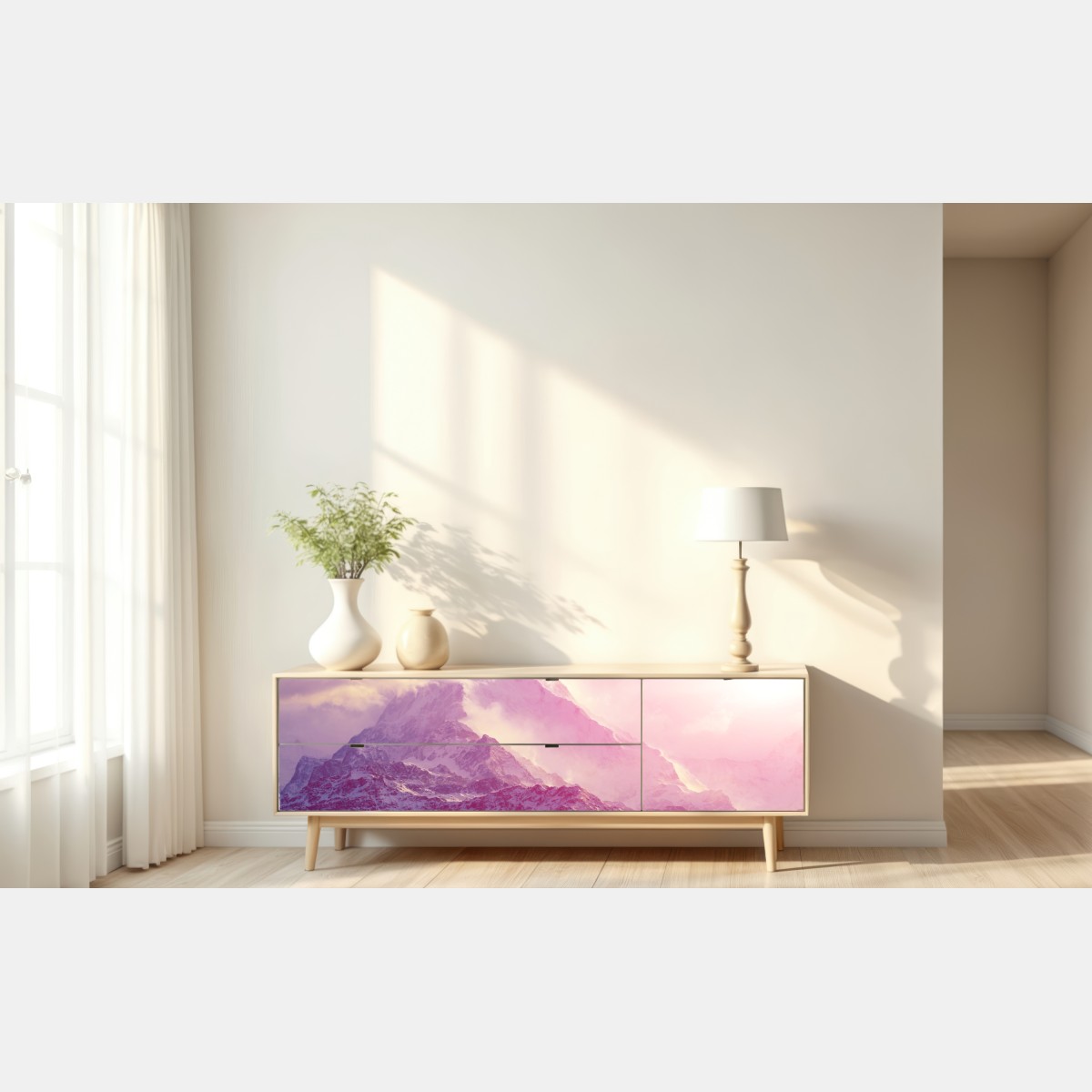 Naklejka repozycjonowalna pastelowy wschód słońca nad górami – Wallissimo® Naklejka repozycjonowalna pastelowy wschód słońca nad górami – Wallissimo®