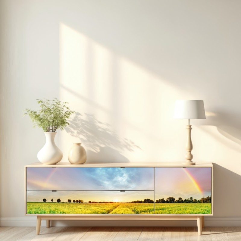 Naklejka repozycjonowalna tęcza nad złotym polem pszenicy o zachodzie słońca – Wallissimo® Naklejka repozycjonowalna tęcza nad złotym polem pszenicy o zachodzie słońca – Wallissimo®