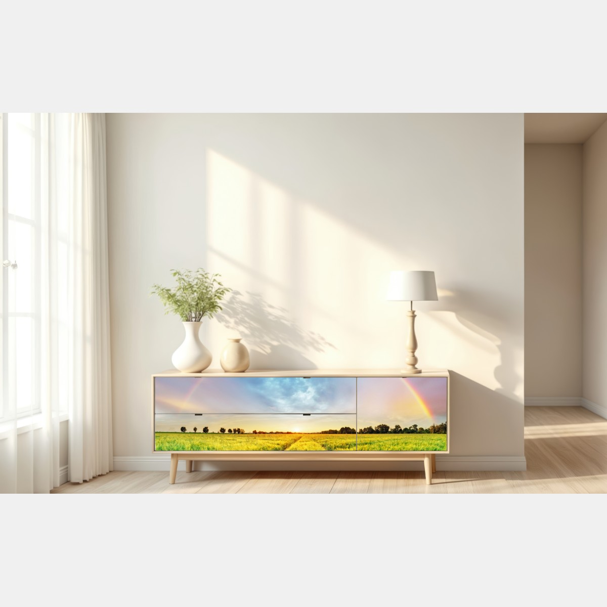 Naklejka repozycjonowalna tęcza nad złotym polem pszenicy o zachodzie słońca – Wallissimo® Naklejka repozycjonowalna tęcza nad złotym polem pszenicy o zachodzie słońca – Wallissimo®