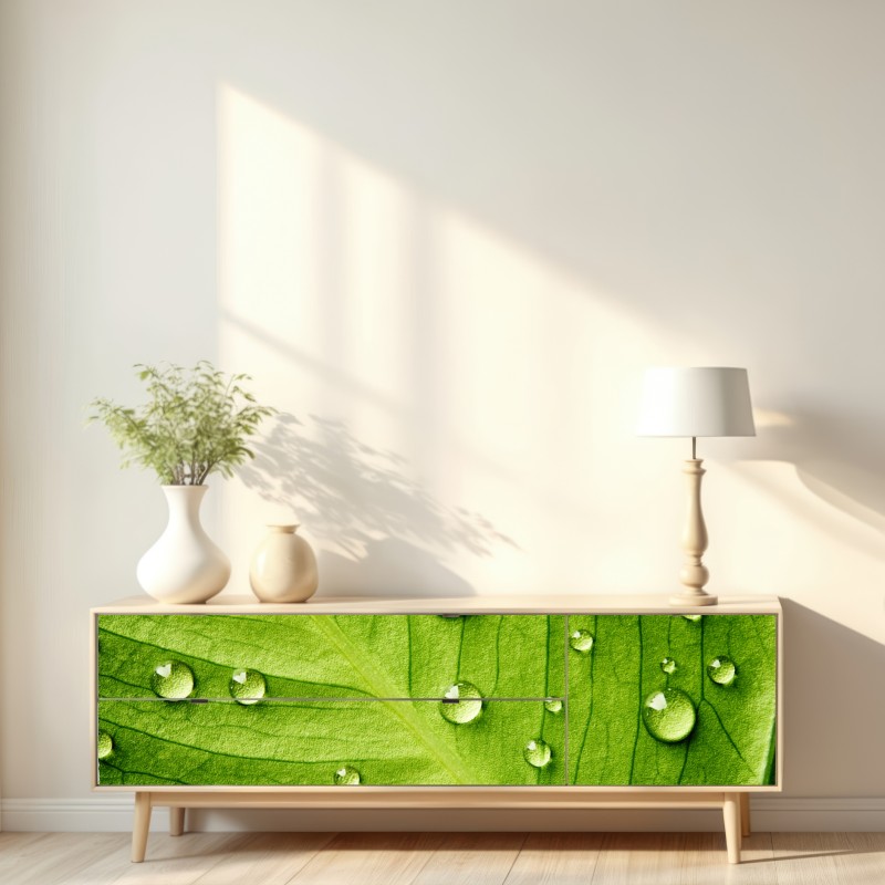 Naklejka repozycjonowalna świeży zielony liść z kroplami wody – Wallissimo® Naklejka repozycjonowalna świeży zielony liść z kroplami wody – Wallissimo®