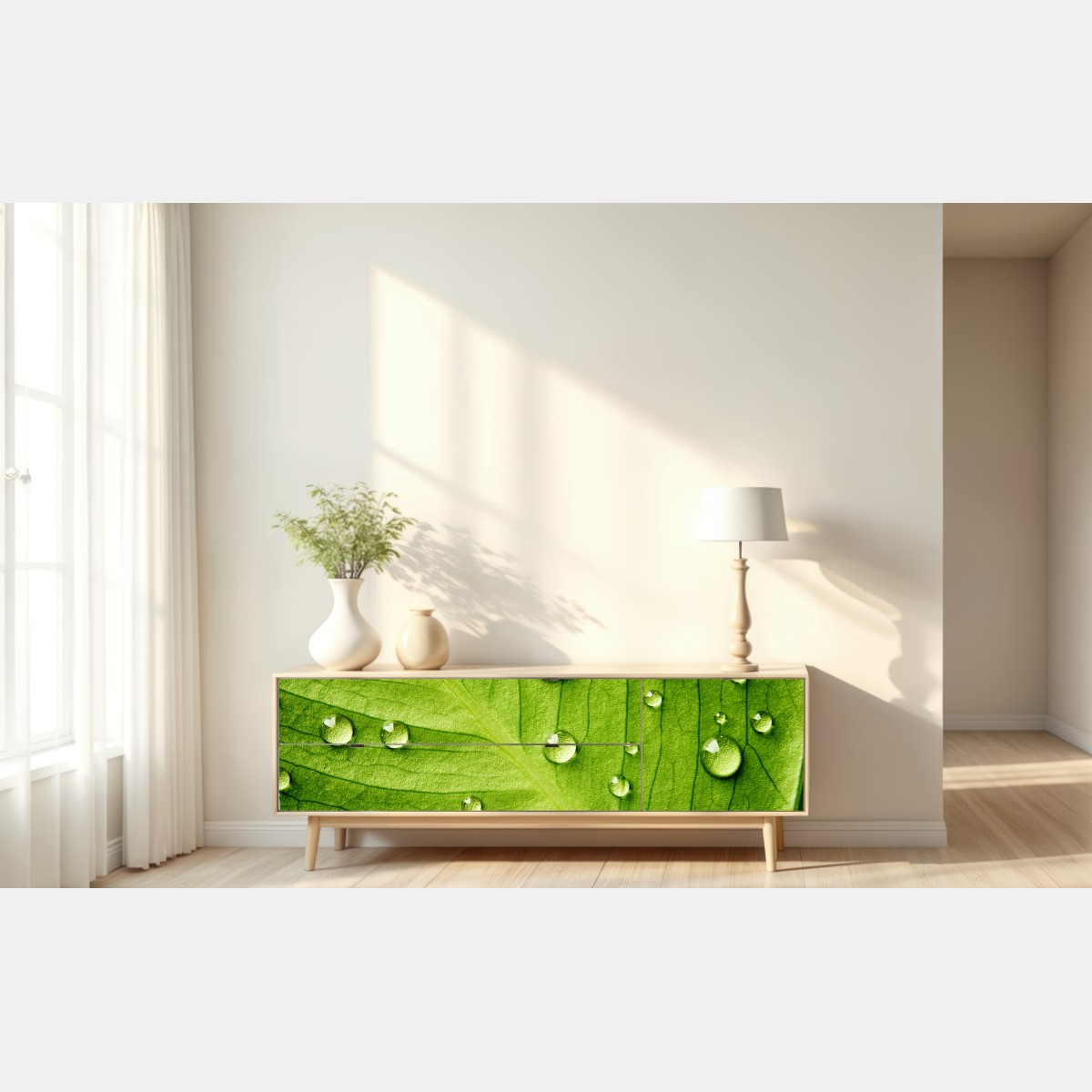 Naklejka repozycjonowalna świeży zielony liść z kroplami wody – Wallissimo® Naklejka repozycjonowalna świeży zielony liść z kroplami wody – Wallissimo®