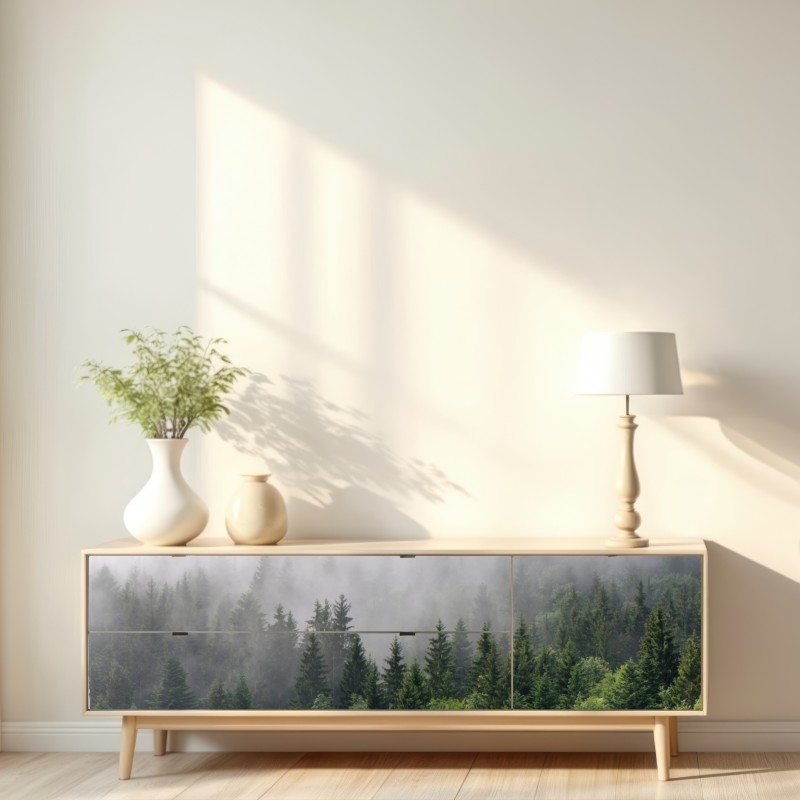 Naklejka repozycjonowalna mglisty las iglasty panorama – Wallissimo® Naklejka repozycjonowalna mglisty las iglasty panorama – Wallissimo®