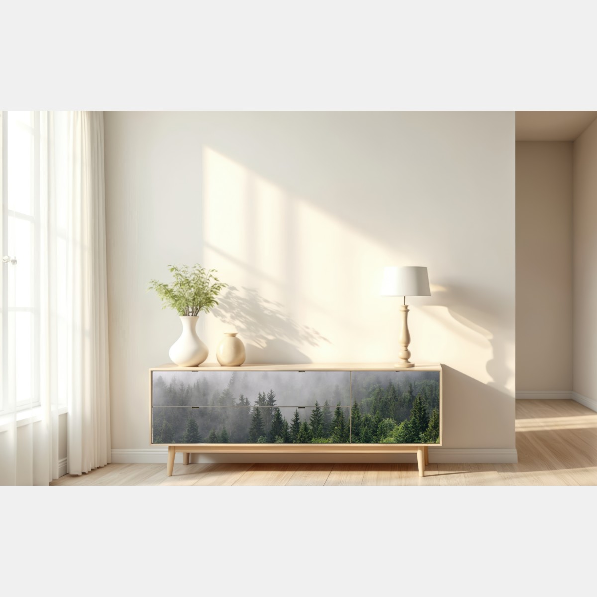 Naklejka repozycjonowalna mglisty las iglasty panorama – Wallissimo® Naklejka repozycjonowalna mglisty las iglasty panorama – Wallissimo®