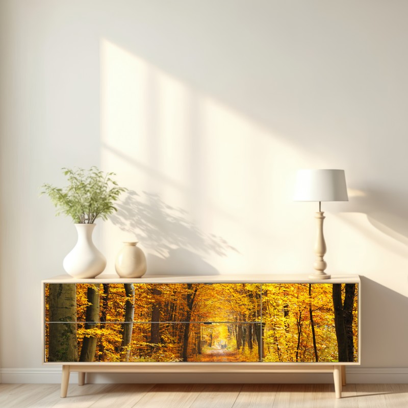 Naklejka repozycjonowalna złota ścieżka w jesiennym lesie – Wallissimo® Naklejka repozycjonowalna złota ścieżka w jesiennym lesie – Wallissimo®