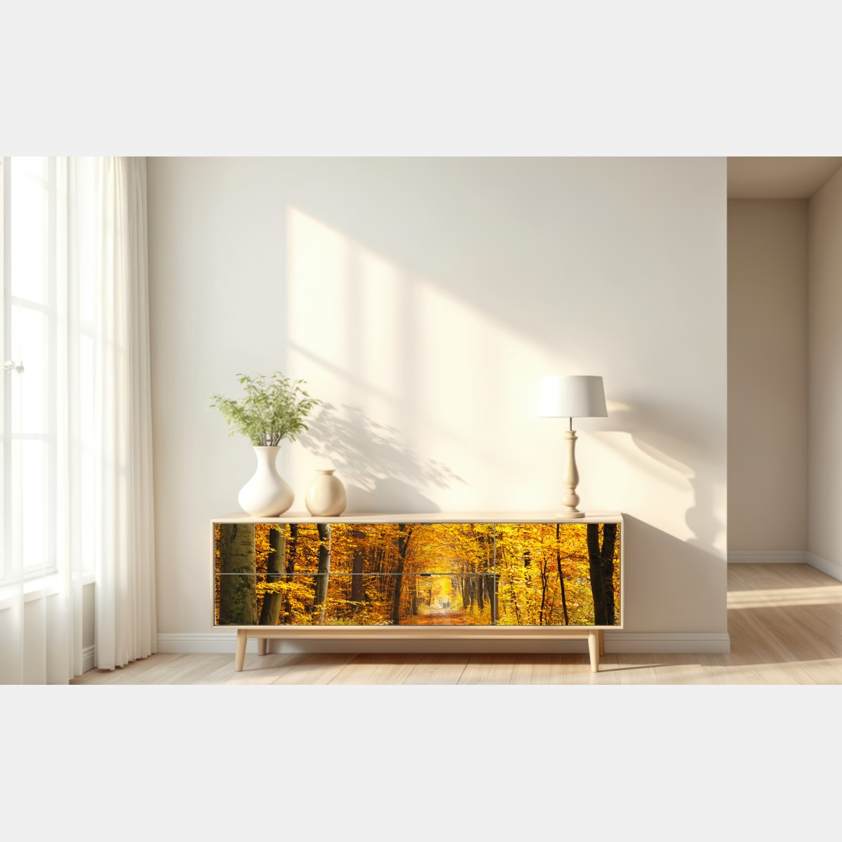 Naklejka repozycjonowalna złota ścieżka w jesiennym lesie – Wallissimo® Naklejka repozycjonowalna złota ścieżka w jesiennym lesie – Wallissimo®