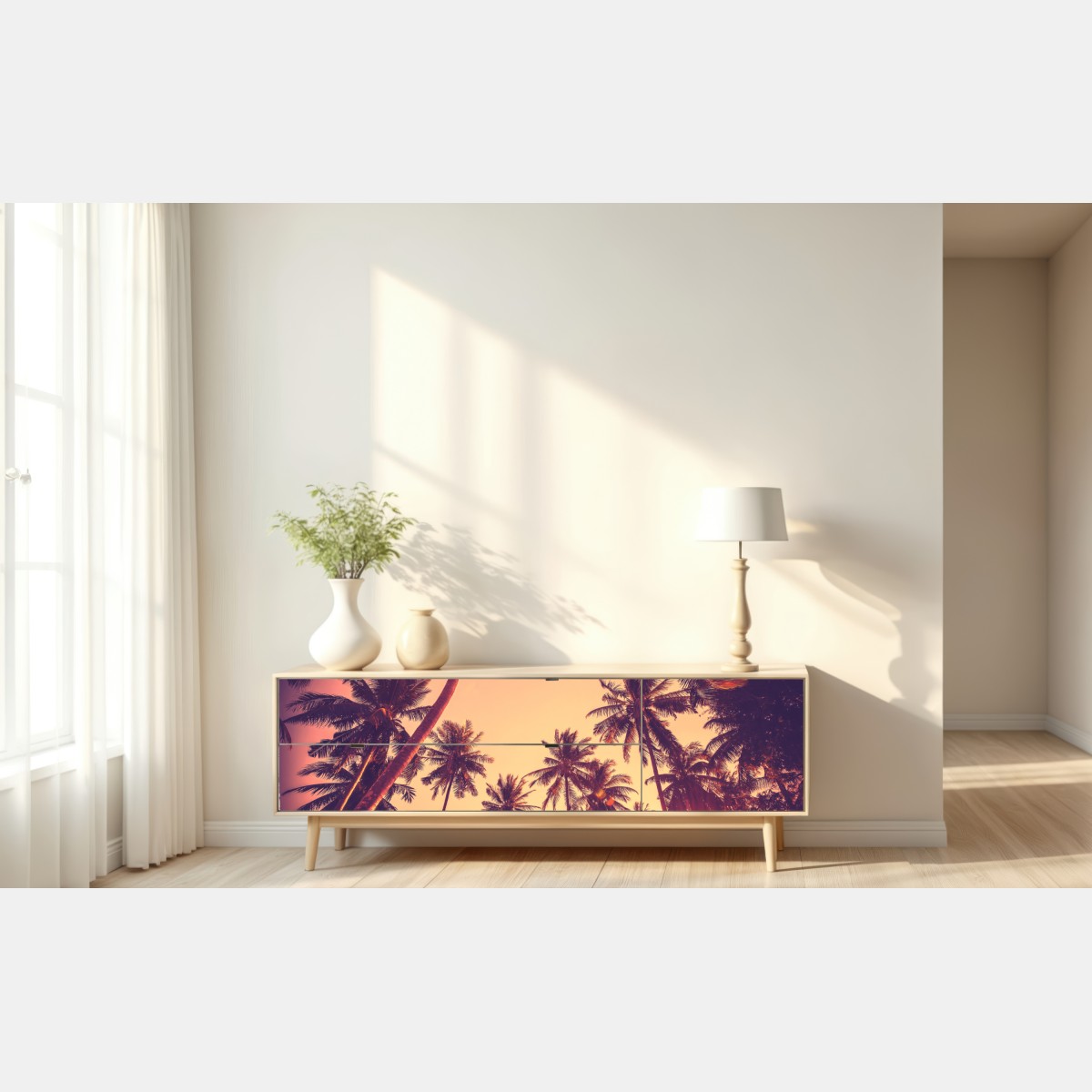 Naklejka repozycjonowalna vintage tropikalny zachód słońca z palmami – Wallissimo® Naklejka repozycjonowalna vintage tropikalny zachód słońca z palmami – Wallissimo®