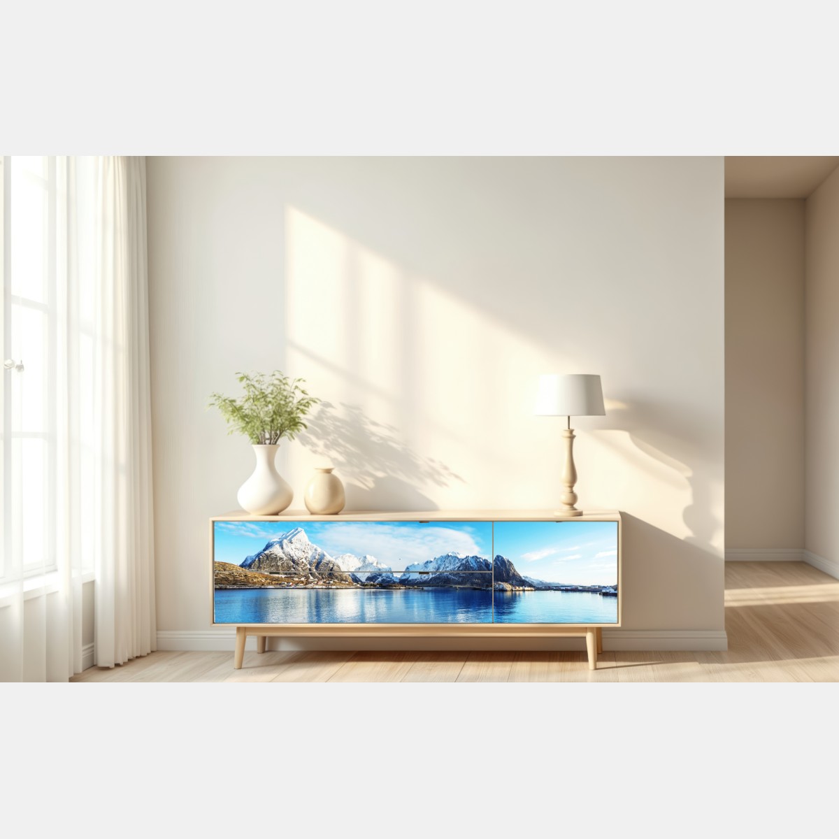 Naklejka repozycjonowalna spokojny zimowy fiord w Reine, Lofoty – Wallissimo® Naklejka repozycjonowalna spokojny zimowy fiord w Reine, Lofoty – Wallissimo®