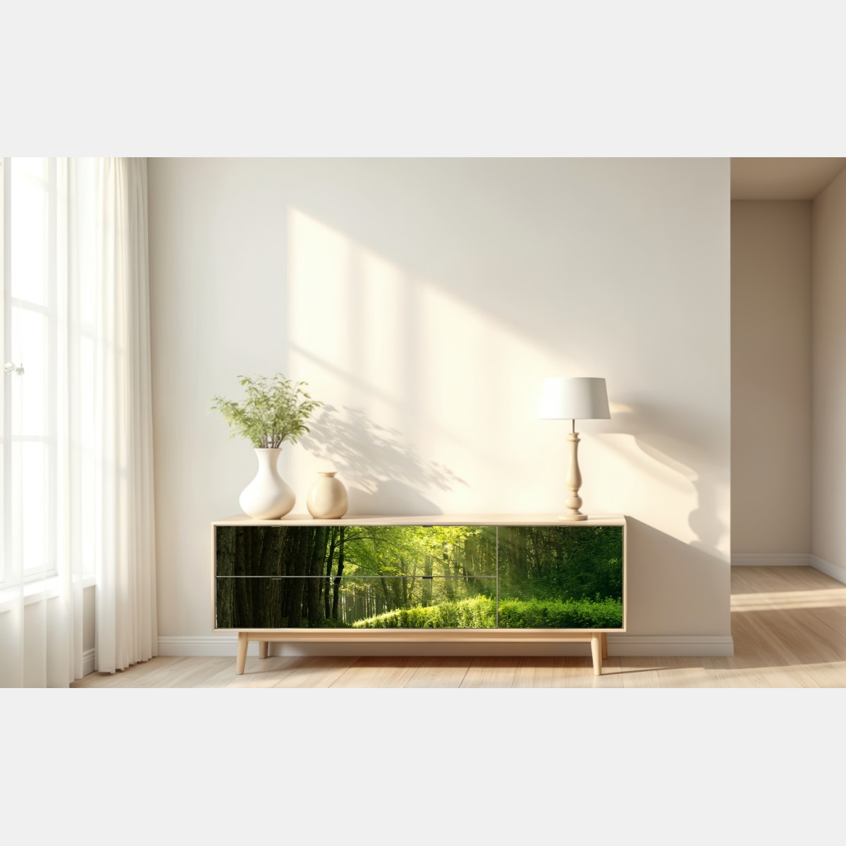 Naklejka repozycjonowalna słoneczna leśna ścieżka w zieleni – Wallissimo® Naklejka repozycjonowalna słoneczna leśna ścieżka w zieleni – Wallissimo®