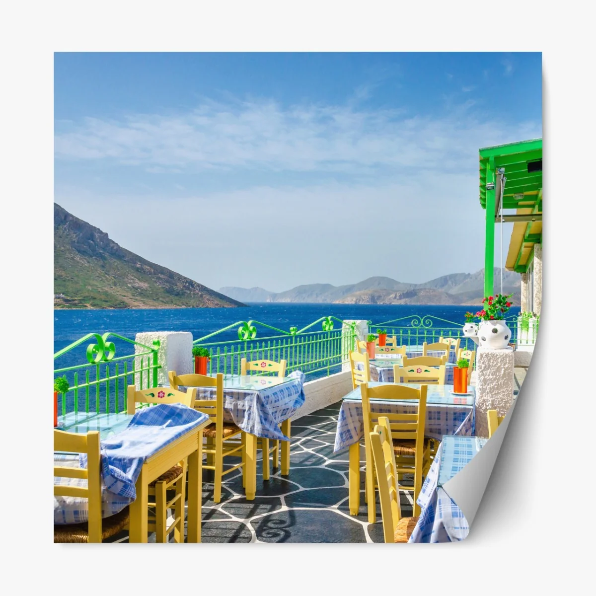 Naklejka repozycjonowalna słoneczny taras nadmorski z widokiem na morze – Wallissimo® Naklejka repozycjonowalna słoneczny taras nadmorski z widokiem na morze – Wallissimo®
