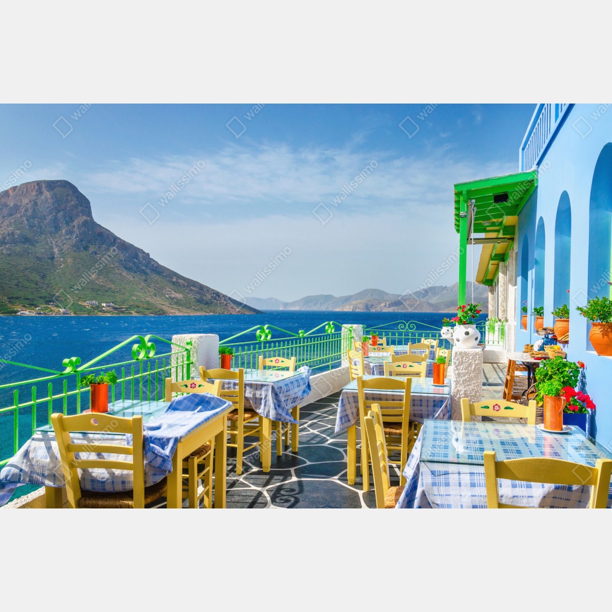 Naklejka repozycjonowalna słoneczny taras nadmorski z widokiem na morze – Wallissimo® Naklejka repozycjonowalna słoneczny taras nadmorski z widokiem na morze – Wallissimo®