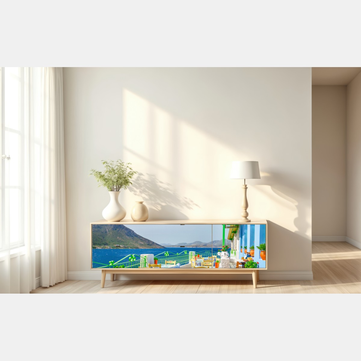 Naklejka repozycjonowalna słoneczny taras nadmorski z widokiem na morze – Wallissimo® Naklejka repozycjonowalna słoneczny taras nadmorski z widokiem na morze – Wallissimo®