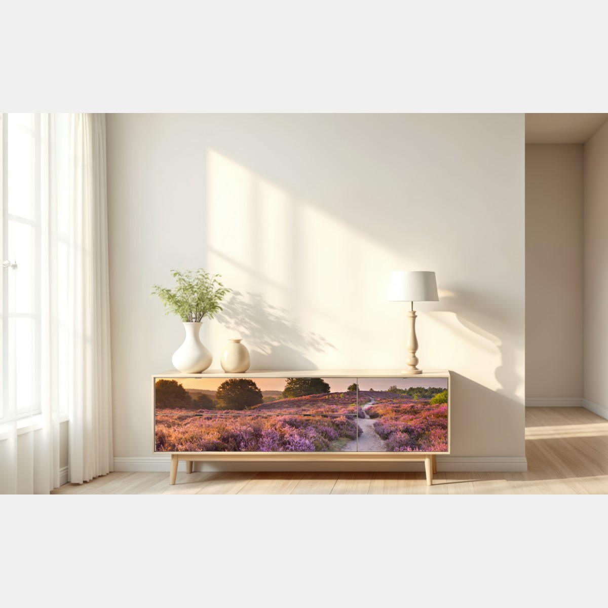 Naklejka repozycjonowalna Posbank o świcie nad wrzosowiskiem – Wallissimo® Naklejka repozycjonowalna Posbank o świcie nad wrzosowiskiem – Wallissimo®