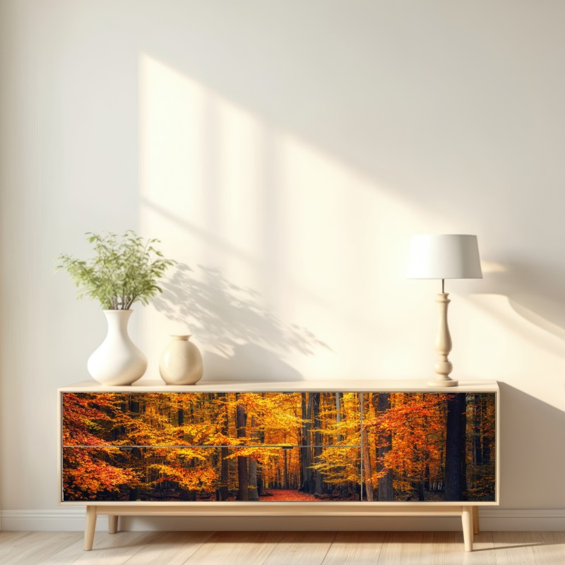 Naklejka repozycjonowalna jesienny las ze złotą ścieżką – Wallissimo® Naklejka repozycjonowalna jesienny las ze złotą ścieżką – Wallissimo®