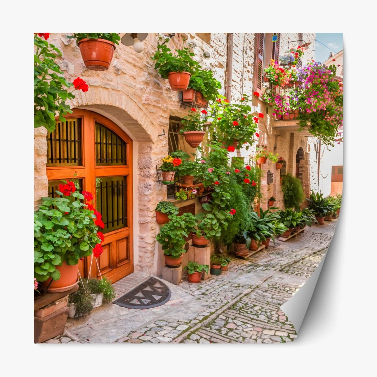 Naklejka repozycjonowalna słoneczna uliczka we Włochach z kwitnącymi donicami – Wallissimo®
