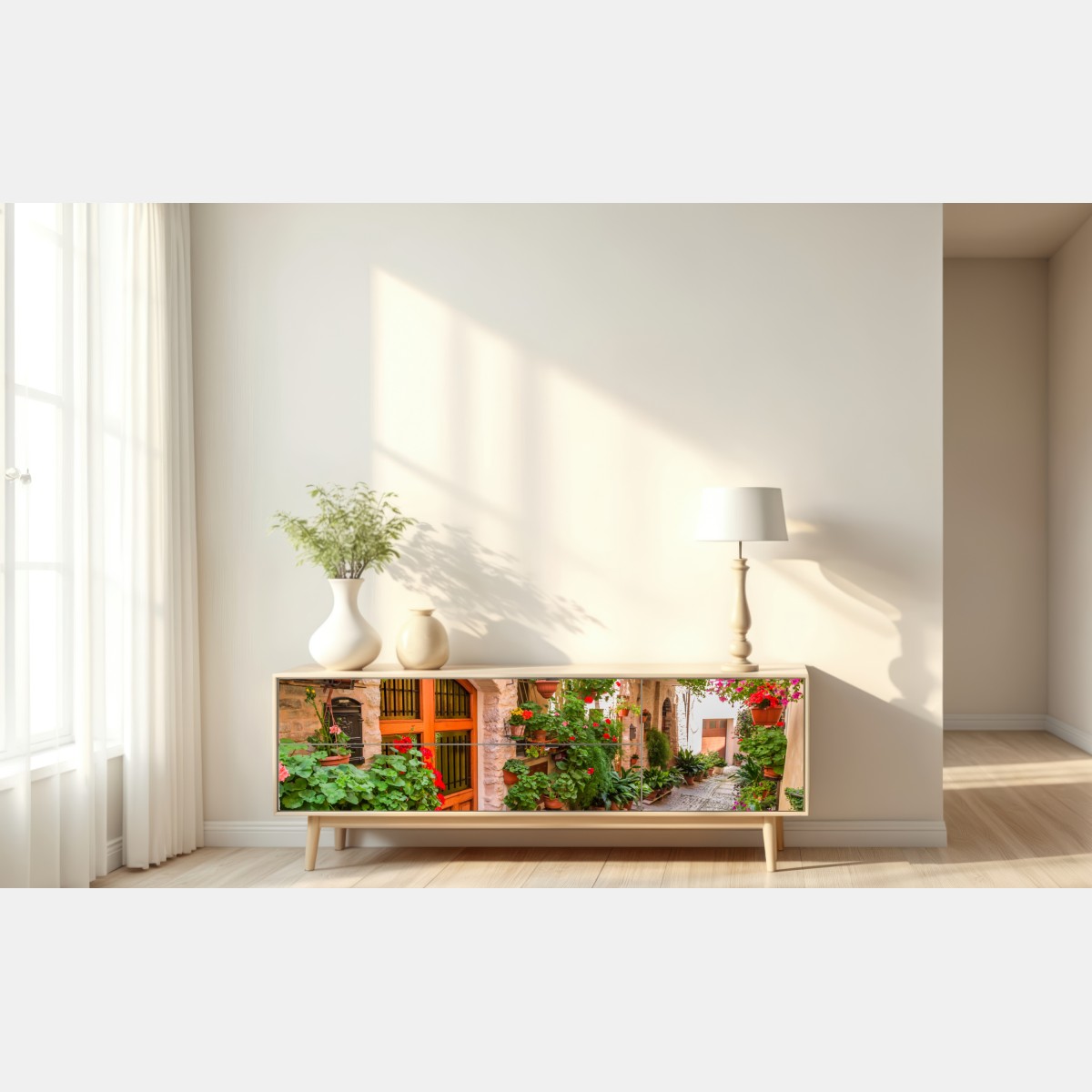 Naklejka repozycjonowalna słoneczna uliczka we Włochach z kwitnącymi donicami – Wallissimo®