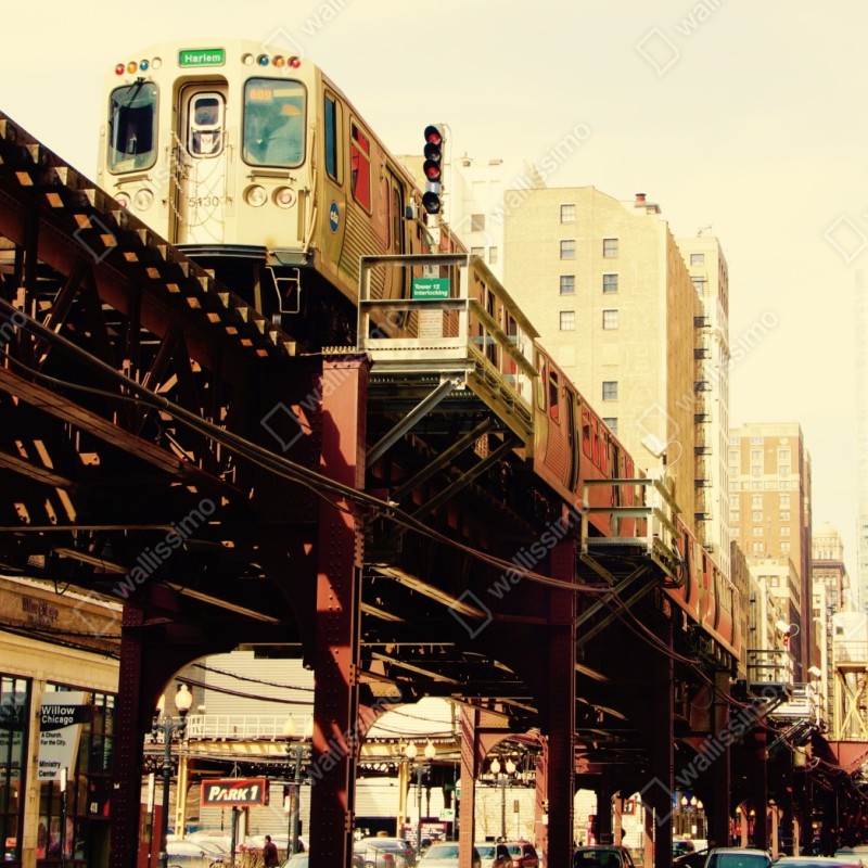 Naklejka repozycjonowalna retro kolej nadziemna nad ulicą miasta – Wallissimo® Naklejka repozycjonowalna retro kolej nadziemna nad ulicą miasta – Wallissimo®