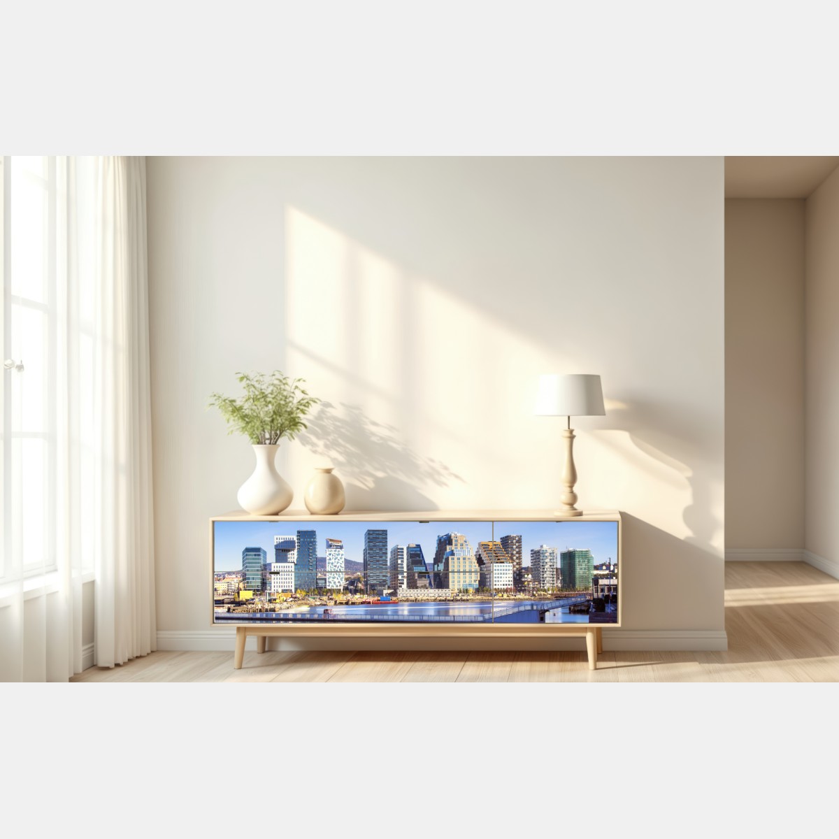 Naklejka repozycjonowalna nowoczesna panorama nabrzeża z odbiciami – Wallissimo® Naklejka repozycjonowalna nowoczesna panorama nabrzeża z odbiciami – Wallissimo®