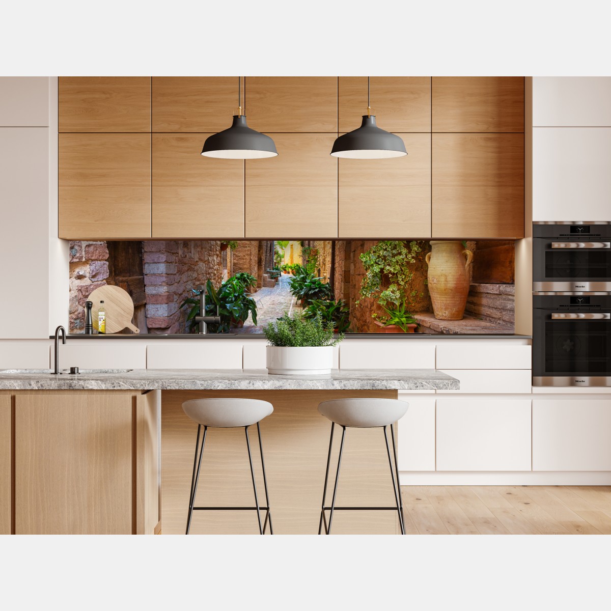 Naklejka repozycjonowalna słoneczna uliczka z doniczkami w Spello – Wallissimo® Naklejka repozycjonowalna słoneczna uliczka z doniczkami w Spello – Wallissimo®