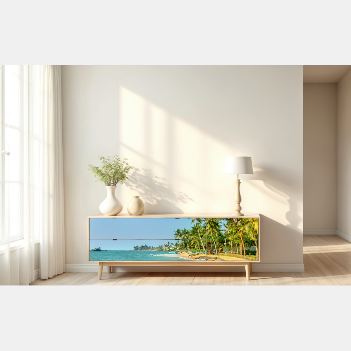 Naklejka repozycjonowalna tropikalna plaża z palmami – Wallissimo® Naklejka repozycjonowalna tropikalna plaża z palmami – Wallissimo®