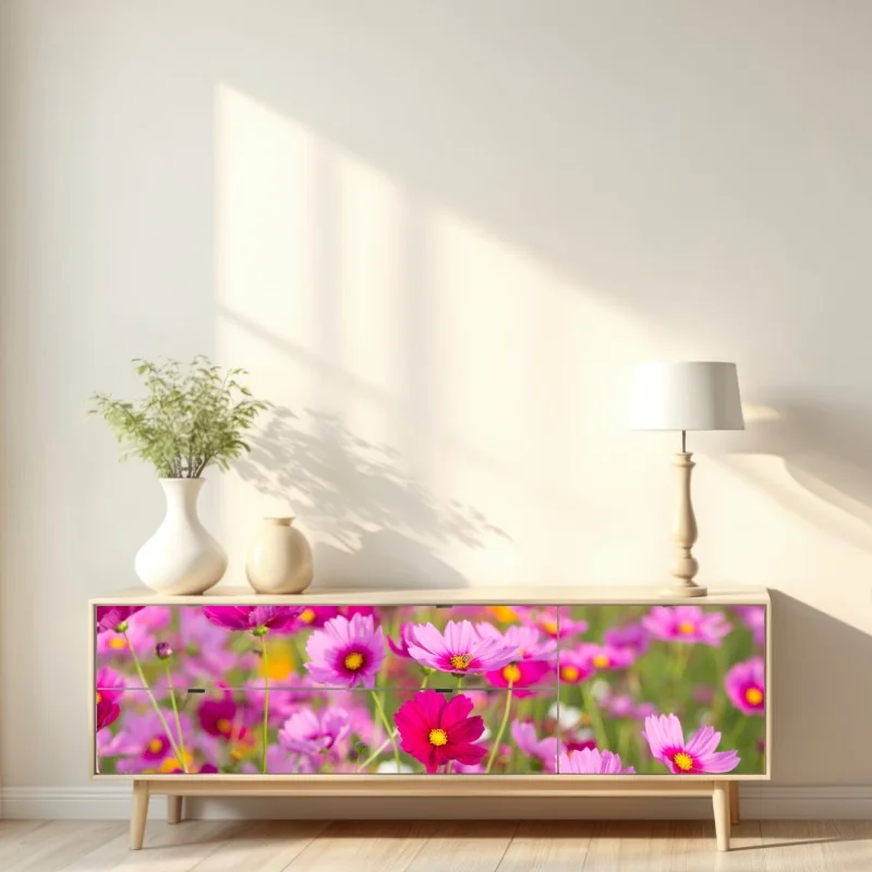 Naklejka repozycjonowalna różowa łąka kosmosów w rozkwicie – Wallissimo® Naklejka repozycjonowalna różowa łąka kosmosów w rozkwicie – Wallissimo®