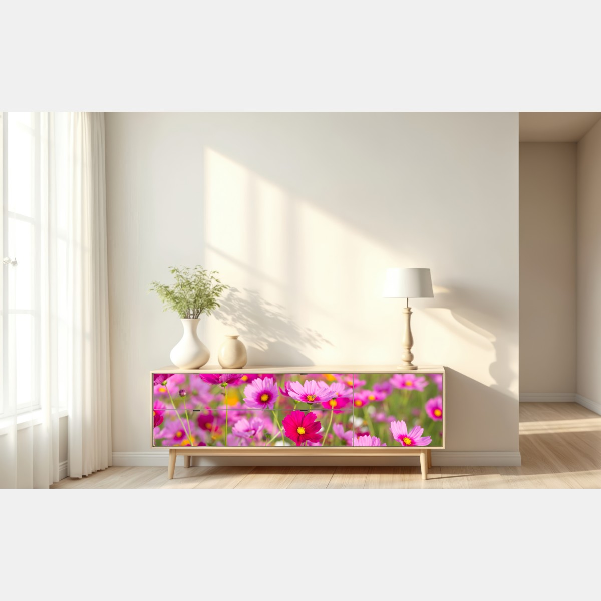 Naklejka repozycjonowalna różowa łąka kosmosów w rozkwicie – Wallissimo® Naklejka repozycjonowalna różowa łąka kosmosów w rozkwicie – Wallissimo®