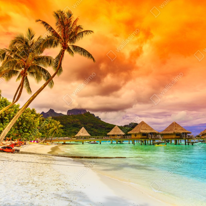 Naklejka repozycjonowalna zachód słońca w Bora Bora nad bungalowami na wodzie – Wallissimo® Naklejka repozycjonowalna zachód słońca w Bora Bora nad bungalowami na wodzie – Wallissimo®