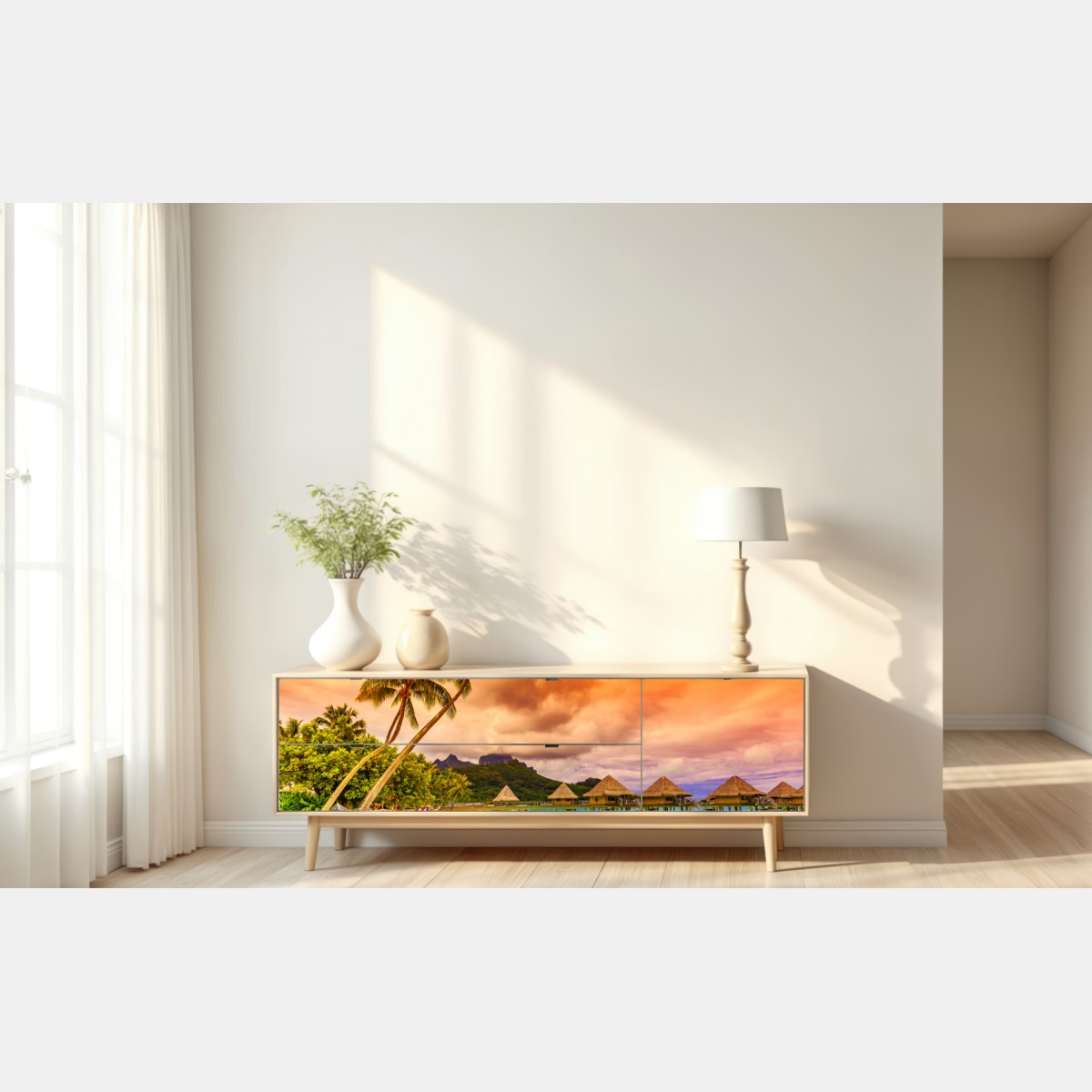 Naklejka repozycjonowalna zachód słońca w Bora Bora nad bungalowami na wodzie – Wallissimo® Naklejka repozycjonowalna zachód słońca w Bora Bora nad bungalowami na wodzie – Wallissimo®