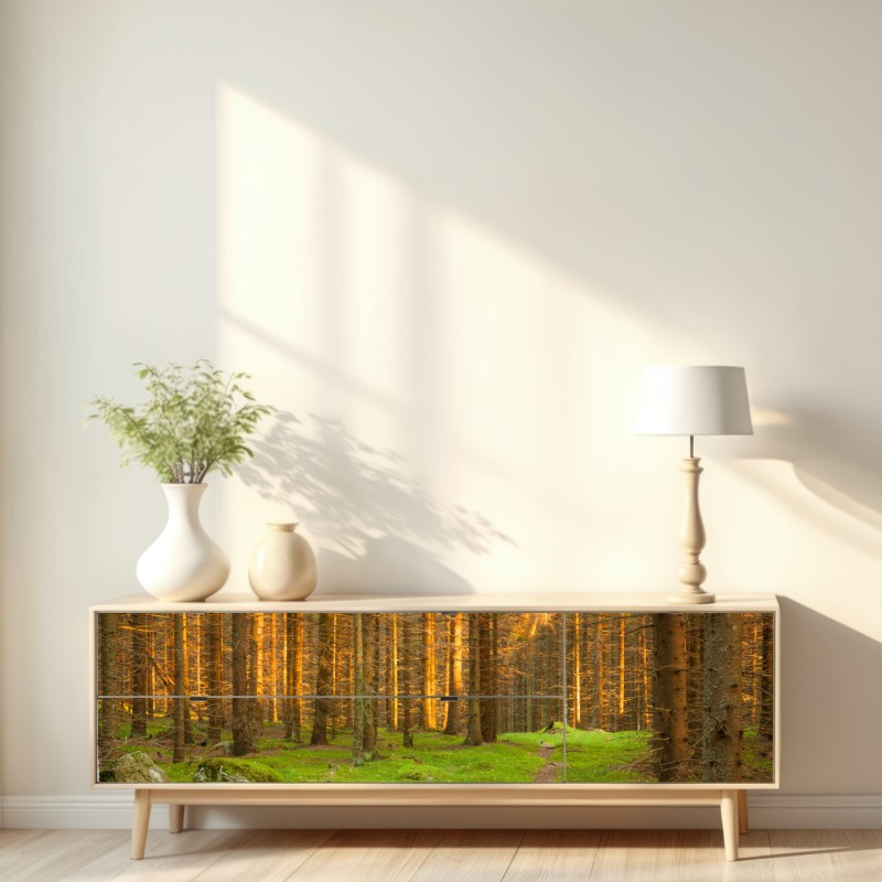 Naklejka repozycjonowalna złote światło lesie sosnowym porośniętym mchem – Wallissimo® Naklejka repozycjonowalna złote światło lesie sosnowym porośniętym mchem – Wallissimo®