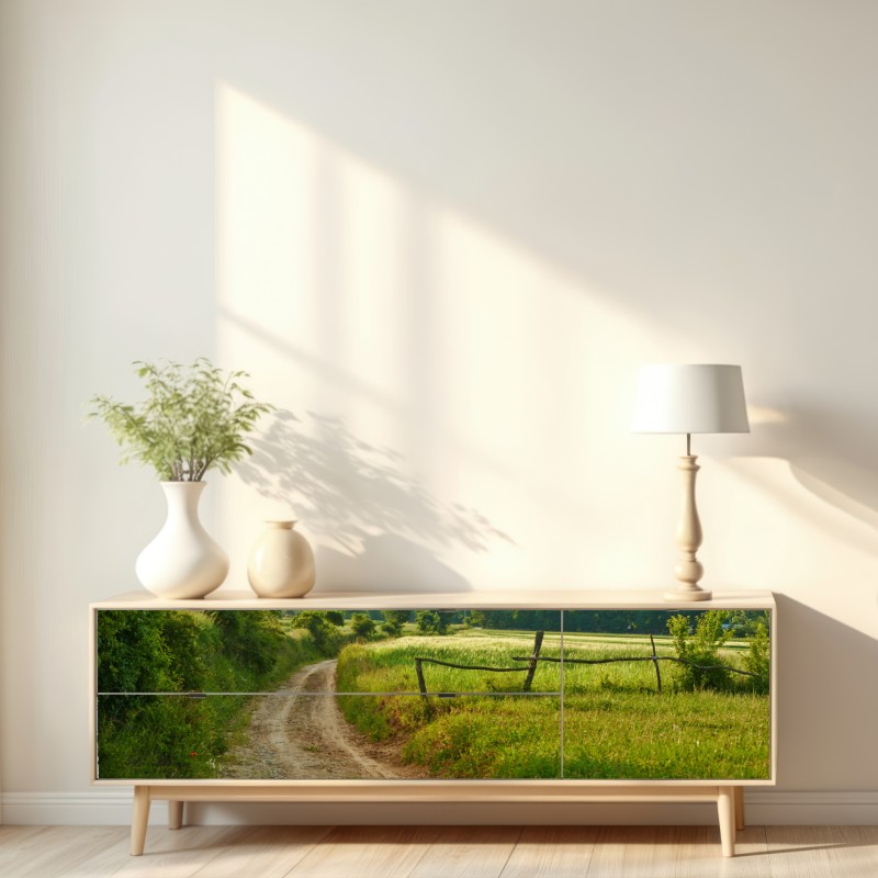 Naklejka repozycjonowalna słoneczna wiejska ścieżka przez zielone łąki – Wallissimo® Naklejka repozycjonowalna słoneczna wiejska ścieżka przez zielone łąki – Wallissimo®