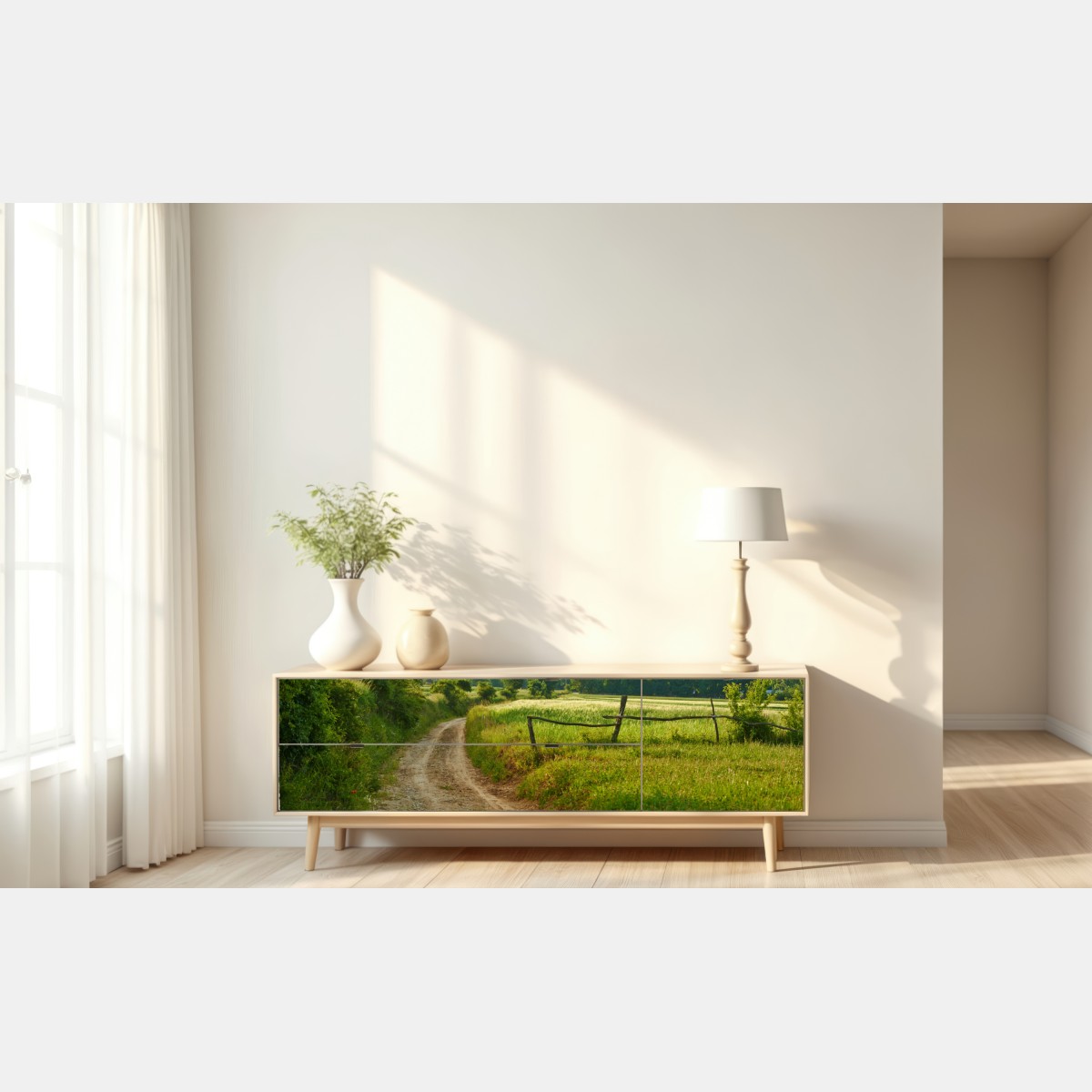 Naklejka repozycjonowalna słoneczna wiejska ścieżka przez zielone łąki – Wallissimo® Naklejka repozycjonowalna słoneczna wiejska ścieżka przez zielone łąki – Wallissimo®