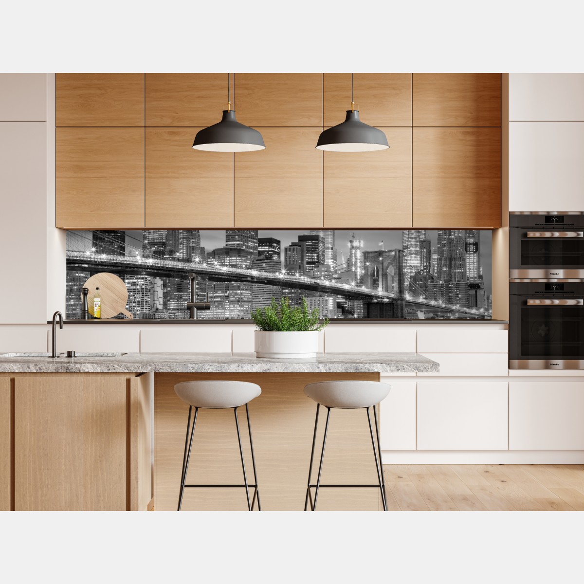 Naklejka repozycjonowalna czarno-biała panorama Nowy Jork z Mostem Brooklyńskim – Wallissimo® Naklejka repozycjonowalna czarno-biała panorama Nowy Jork z Mostem Brooklyńskim – Wallissimo®