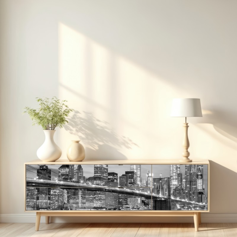 Naklejka repozycjonowalna czarno-biała panorama Nowy Jork z Mostem Brooklyńskim – Wallissimo® Naklejka repozycjonowalna czarno-biała panorama Nowy Jork z Mostem Brooklyńskim – Wallissimo®