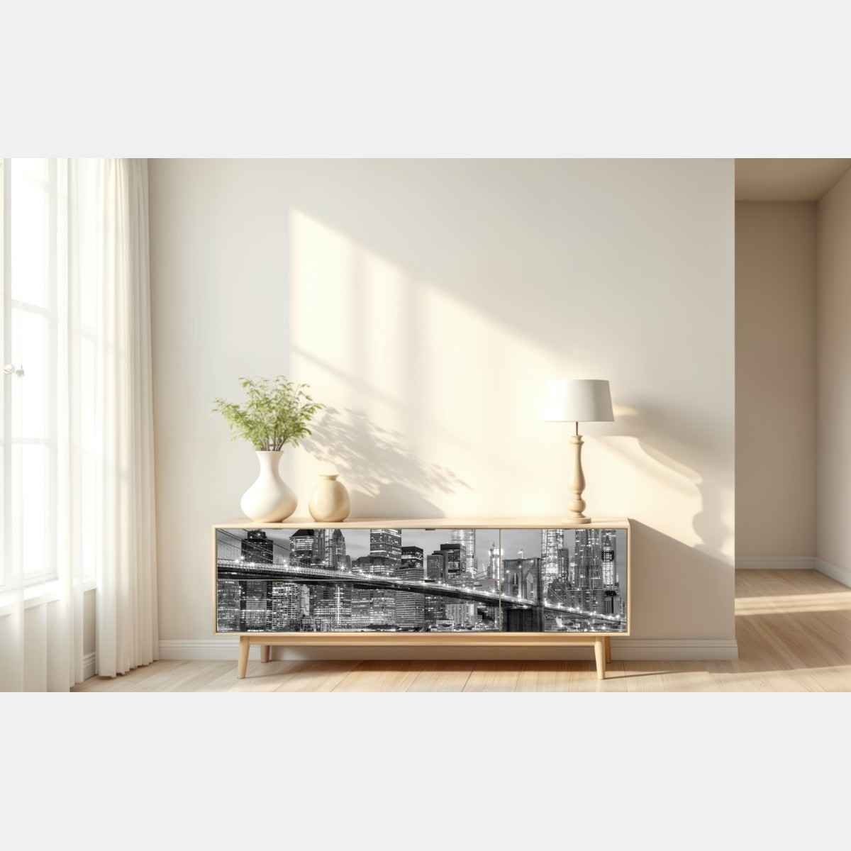 Naklejka repozycjonowalna czarno-biała panorama Nowy Jork z Mostem Brooklyńskim – Wallissimo® Naklejka repozycjonowalna czarno-biała panorama Nowy Jork z Mostem Brooklyńskim – Wallissimo®